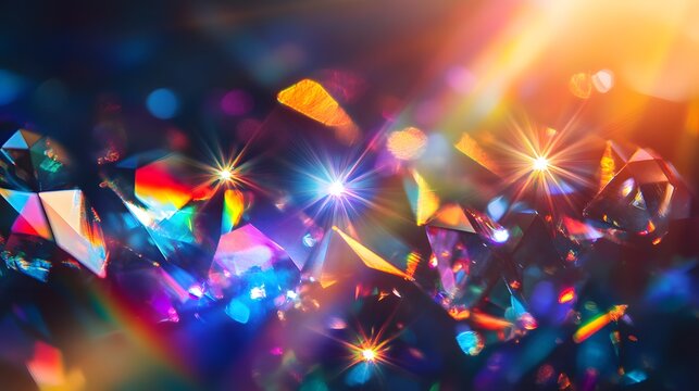 Crystal light reflections refracting rainbow colors with lens flare leaks and holographic shadow textures on dark background