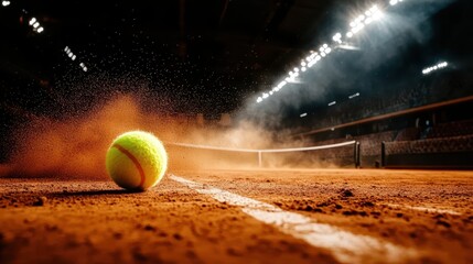 Tennis court surface clay concept. A close-up view of a tennis ball rolling on a clay court, with dust and bright stadium lights creating a dynamic sports atmosphere.
