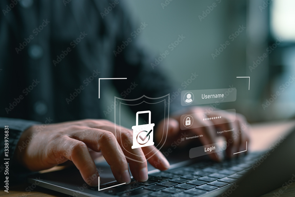 Aufkleber Cybersecurity and privacy concepts to protect data. Lock icon and internet network security technology. Businessman protecting personal data on computer, virtual screen interfaces. Cybersecurity