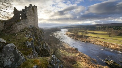 A panoramic view of a centuries-old castle overlooking a scenic river and countryside.
