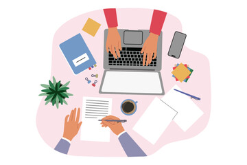 Hands of business people working in office at one table, typing on laptop and signing documents. Top view of workplace of freelancers doing business and providing accounting or legal services