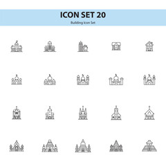 a set of 20 black and white minimalist building icons arranged in a grid format