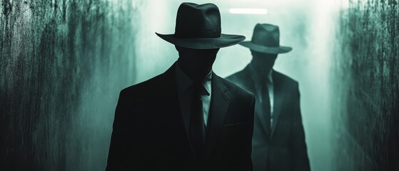 Two men in suits and hats are walking down a dark hallway