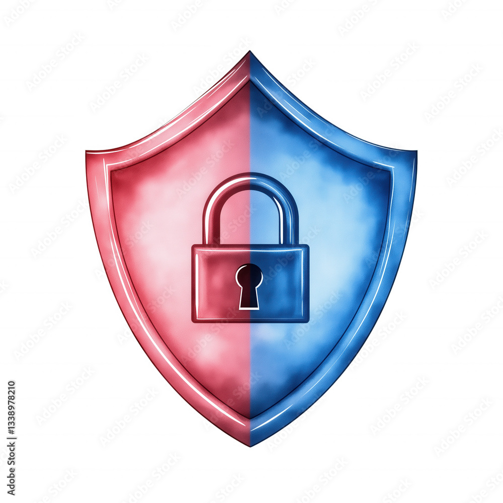 Poster a shield design split into red and blue halves, featuring a padlock in the center symbolizing securi