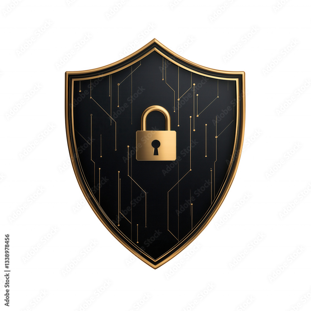 Poster a sleek shield emblem featuring a padlock, symbolizing security and protection, with an intricate ci