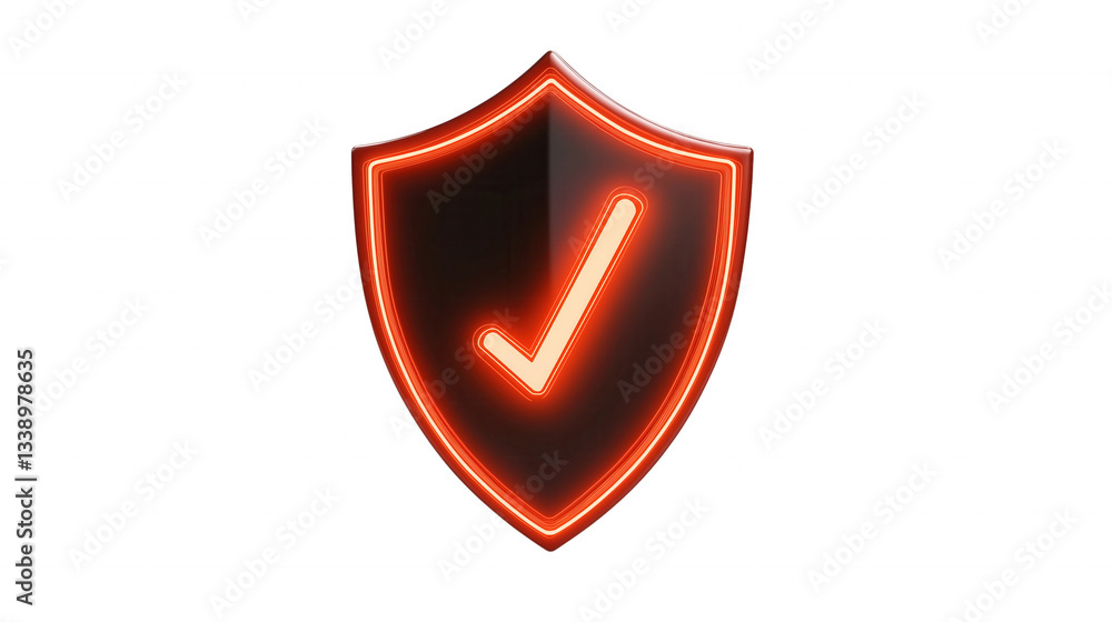 Poster a glowing red shield with a white checkmark, symbolizing security and validation. isolated on transp
