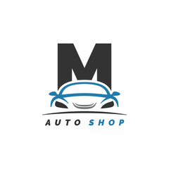 letter M logo auto mechanic with car design. Alphabet M automotive car style icon