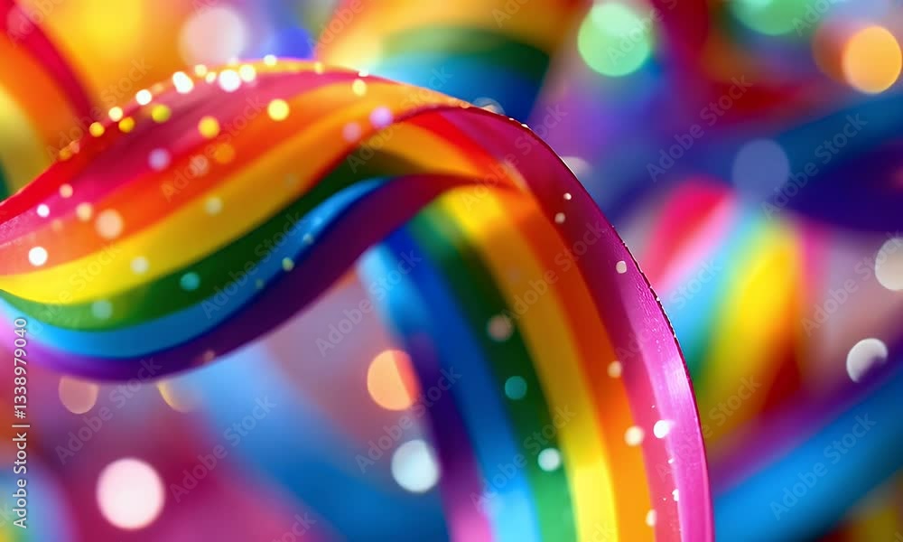Poster vibrant rainbow ribbon swirling with glitter and bokeh lights a close up view of a colorful ribbon d