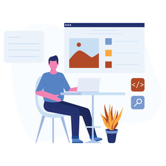 Man Working On Laptop With Digital Design Illustration