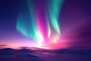 Vibrant aurora borealis illuminating night sky, colorful waves of light dancing over serene landscape, perfect for calming art.