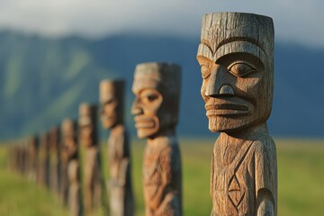 Wooden totem sculptures, intricate carvings depicting faces, showcasing cultural artistry in a lush green landscape, with copy-space.