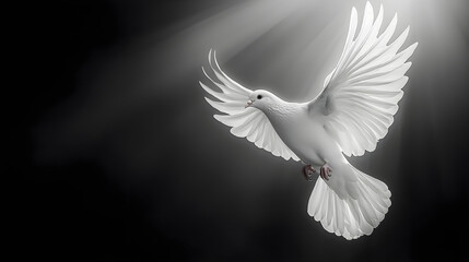 Dove in flight symbolizes peace and hope during a serene moment. Generative AI