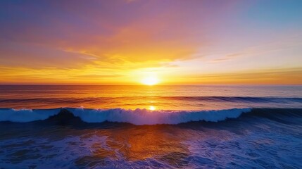 Naklejka premium Sunset over ocean landscapes concept. Stunning sunset over ocean waves, illuminating the sky with vibrant colors.