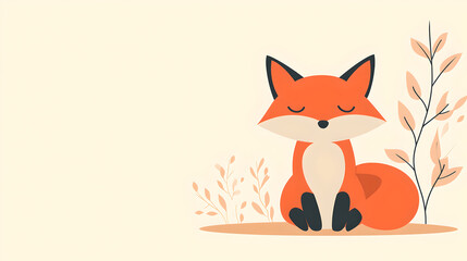 Obraz premium A charming, cartoon fox with closed eyes sits amongst stylized autumn leaves on a light beige background.