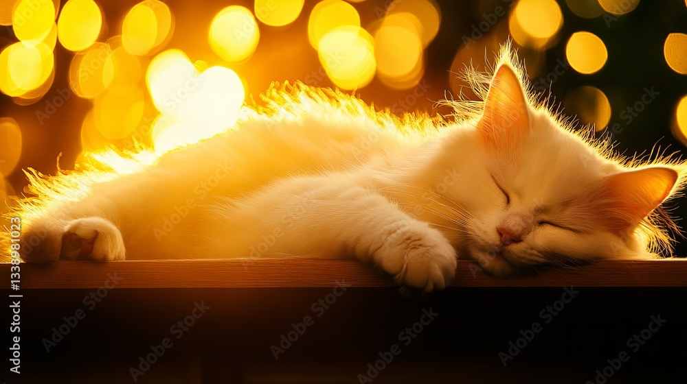 Poster white kitten is sleeping soundly on a wooden surface with soft golden bokeh lights creating a warm a