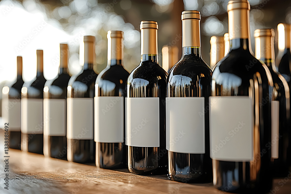 Poster variety of wine bottles lined up with blank labels on a rustic wooden table. generative ai.