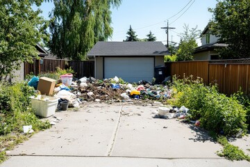 A cluttered driveway filled with garbage and overgrown plants, indicating neglect and environmental issues in a residential area.