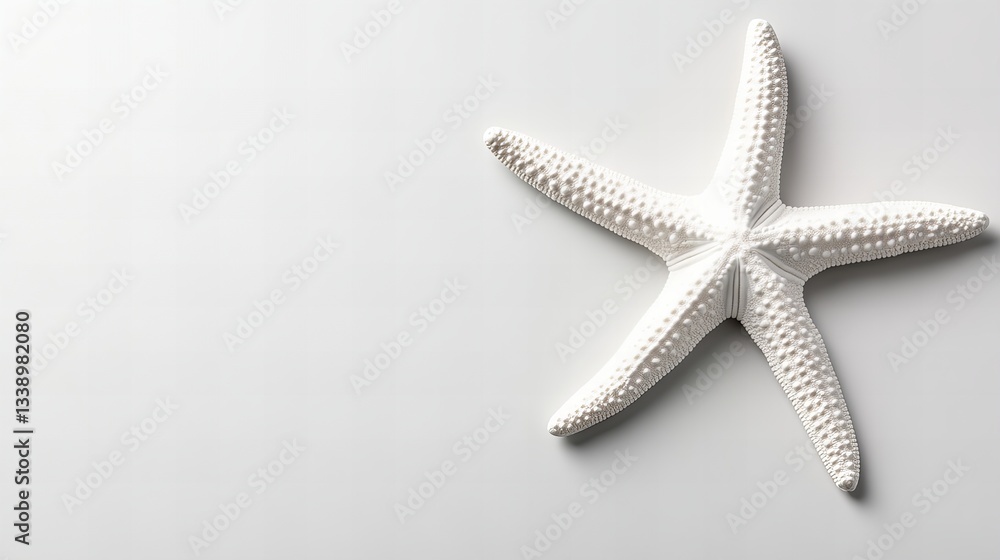 Poster white starfish sits on a plain white surface with its five arms extending outwards, showcasing a tex