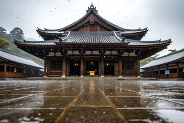 Fototapeta premium Japanese temple adorned with raindrops on a tranquil day 