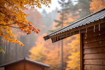 Fototapeta premium Water Dripping from Roof in Autumn Rain Against Colorful Trees 