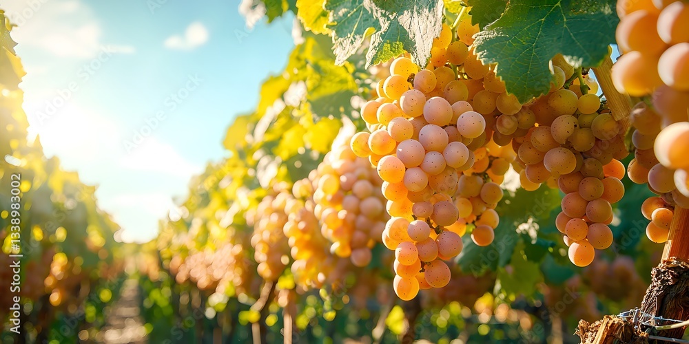 Poster rows of lush grapevines heavy with ripe grapes during sunset in a vineyard. generative ai