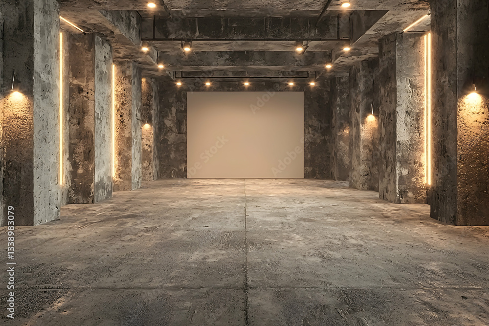 Aufkleber a digital image of an empty space with rough concrete walls and floors, illuminated by lights, offer