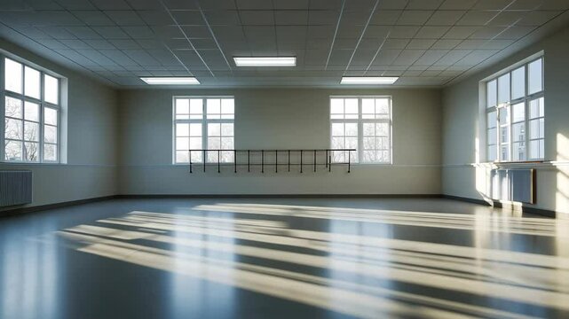 Empty dance studio with large windows allowing natural light to illuminate the polished wooden floor