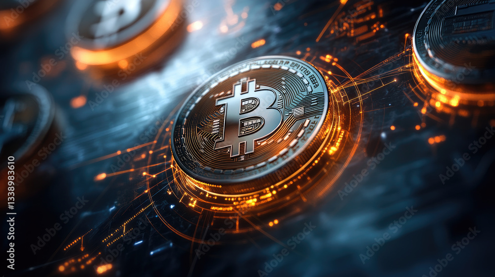 Poster orbiting virtual currency coins around a glowing earth navigating global trade secure transactions a