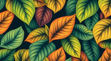 A vibrant pattern of overlapping leaves in shades of green, orange, yellow, and red. The leaves create a lively, nature-inspired mosaic on a dark background