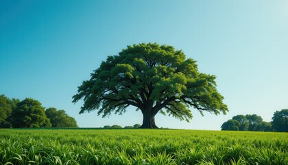 Majestic tree in lush green field nature landscape daytime serene environment