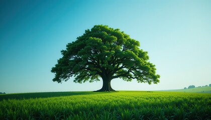 Fototapeta premium Vibrant tree in lush field nature photography sunny environment wide angle