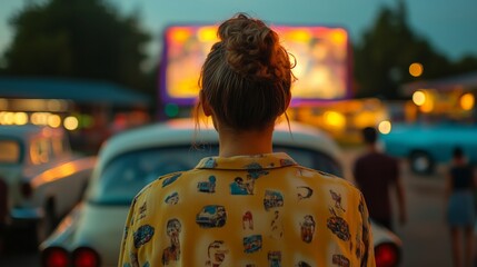 Watching a movie at a drive-in theater, with vintage cars and warm lights.