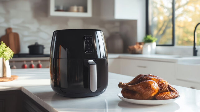 A sleek air fryer sits on a countertop beside perfectly cooked chicken, showcasing a blend of modern kitchen design and culinary innovation in a bright, inviting space