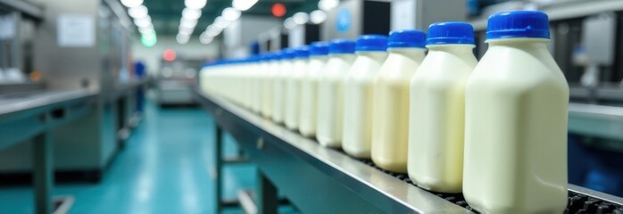 Dairy plant conveyor belt carrying milk bottles: production line banner