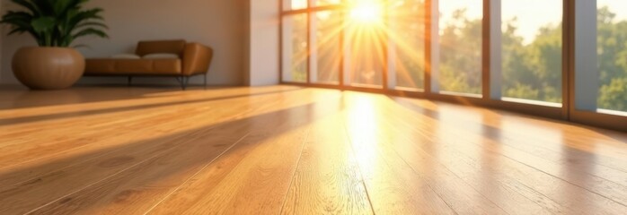 Modern living room with wooden floor and sunlight shining through large windows
