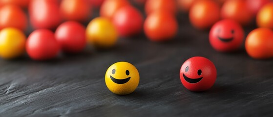 Playful smiley balls on a dark surface.