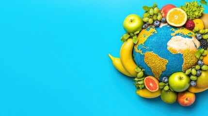 Minimal concept with Hyper-detailed digital artwork of an Earth-like sphere made of assorted fresh fruits and greens, symbolizing the importance of organic food choices, sustainable farming, and
