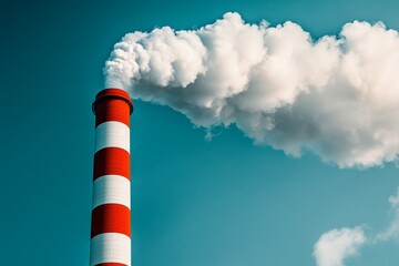 Red and white striped smokestack releases white clouds into a clear blue sky during a sunny day