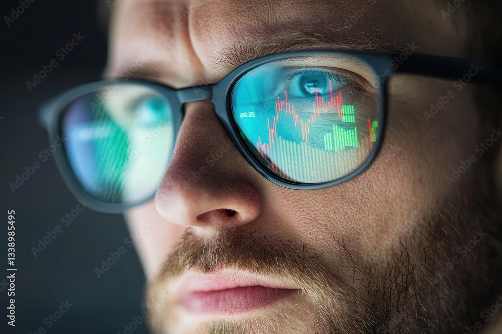 Poster professional trader analyzing stock market trends through digital graphs in a modern office environm