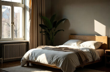 Interior of bedroom with bed, shelving unit and folding screen
