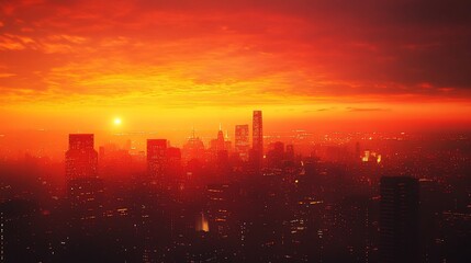 Fototapeta premium Sunset over a city skyline, creating a dramatic atmosphere.