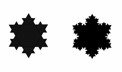 Abstract geometric Koch snowflake fractal pattern with symmetrical details. Ideal for digital art, futuristic backgrounds, mathematical illustrations, and designs.