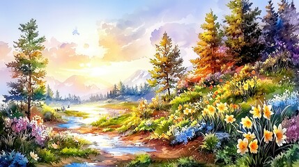Serene Landscape with Colorful Flowers and Gentle Stream Under a Bright Sky