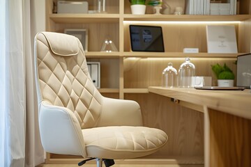 Ergonomic Office Chair in Modern Home Workspace with Desk and Shelves