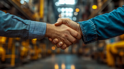 Industry partnership: Close-up of a handshake in a mechanical workshop, symbolizing agreement and collaboration