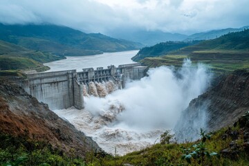 Fototapeta premium Water rushes through a large dam in a mountainous region during overcast weather