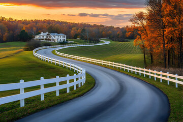 Fototapeta premium Autumn Sunset Over Gated Road, leading to opulent homes nestled on sprawling acreage surrounded by picturesque scenery.