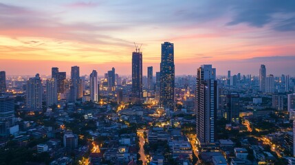 Fototapeta premium Urban panorama at dusk, city lights sparkle, skyscrapers against painted sky