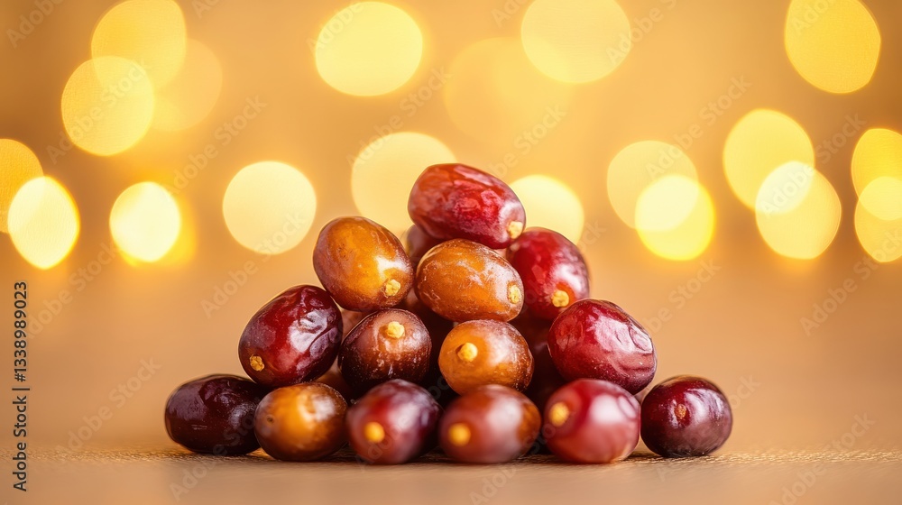 Poster a stunning arrangement of dates in a pyramid shape with golden light shining from above, captured in