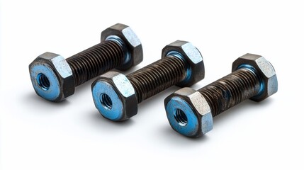 Three metallic bolts with hex nuts, showcasing industrial hardware.